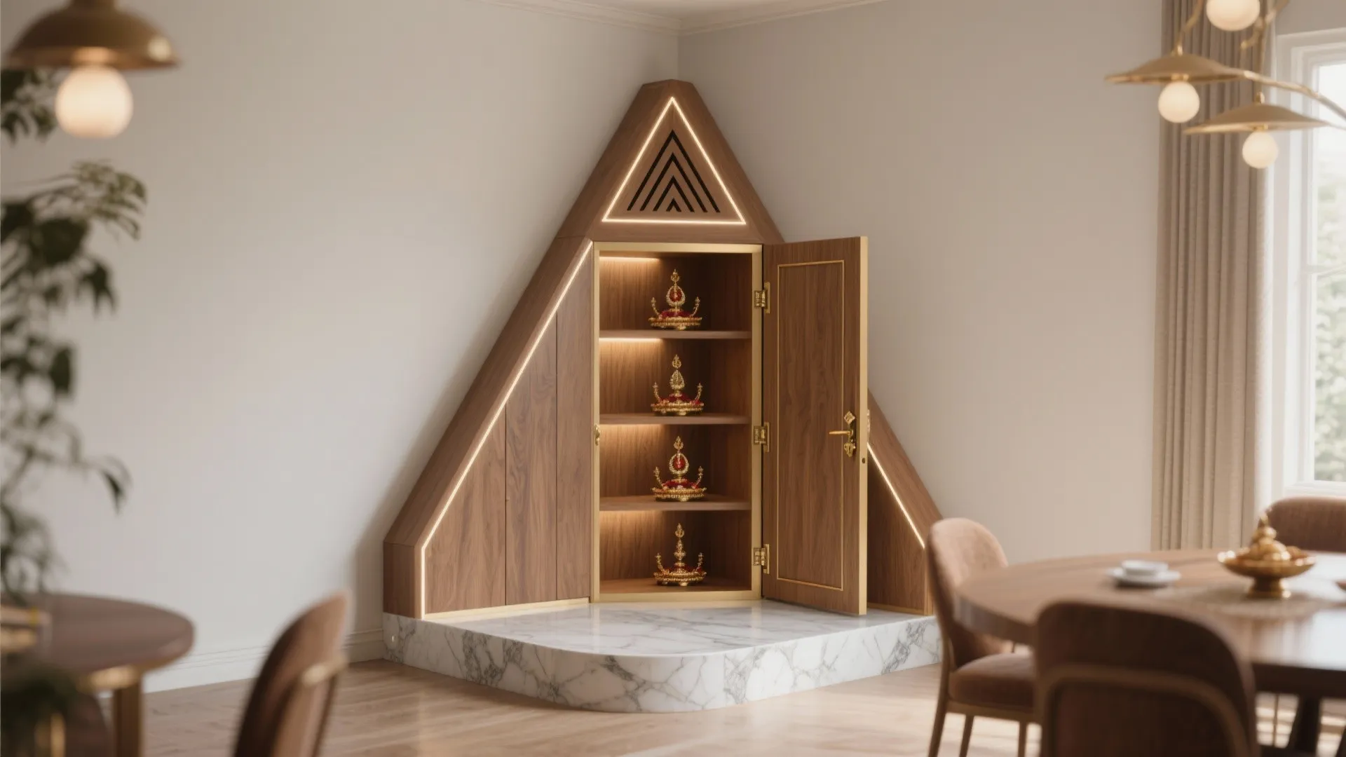 Triangular wooden cabinet on marble base with open door showing shelves in modern dining room