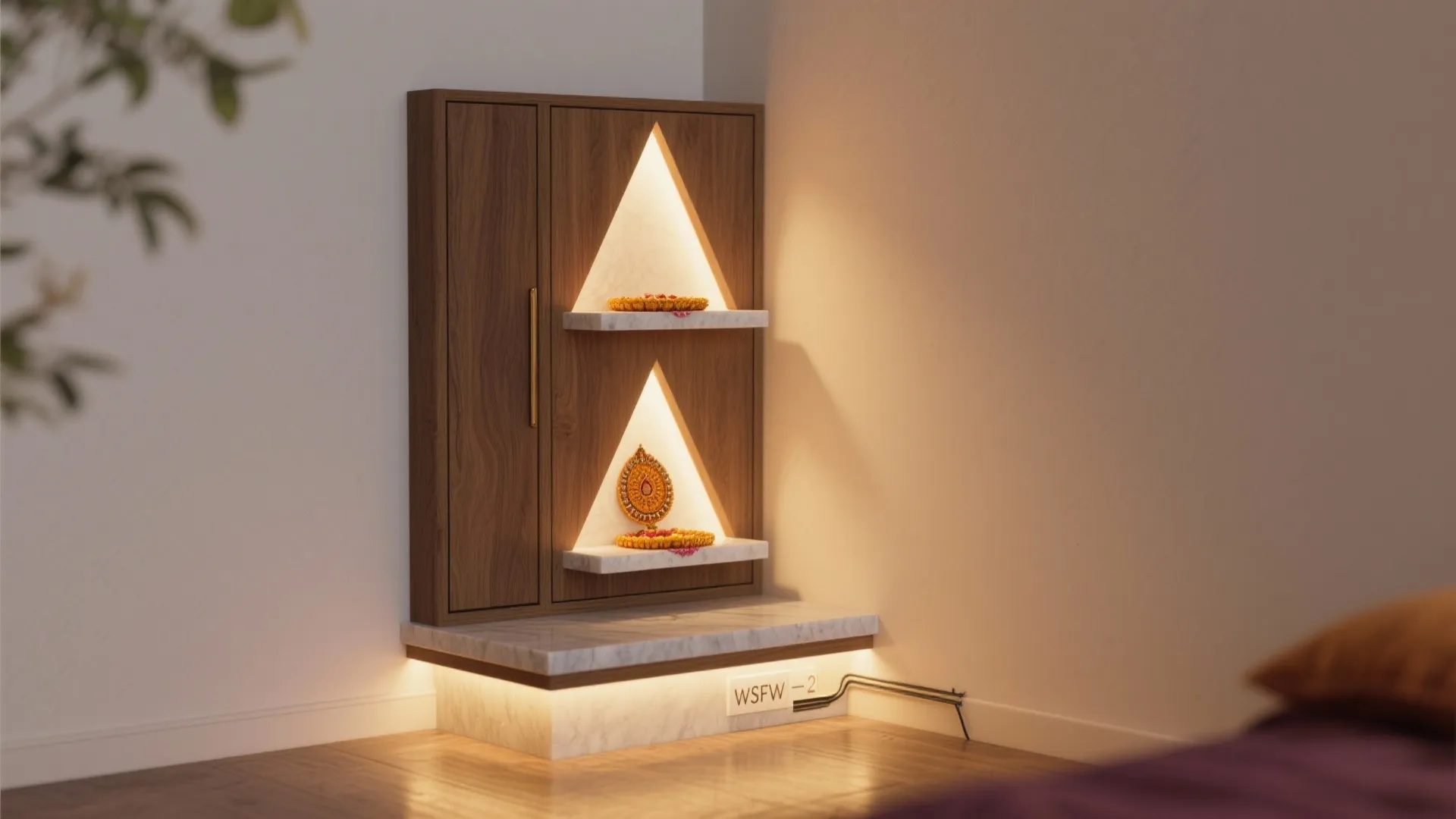 Wooden wall cabinet with triangle shaped light niches and marble base in a modern room