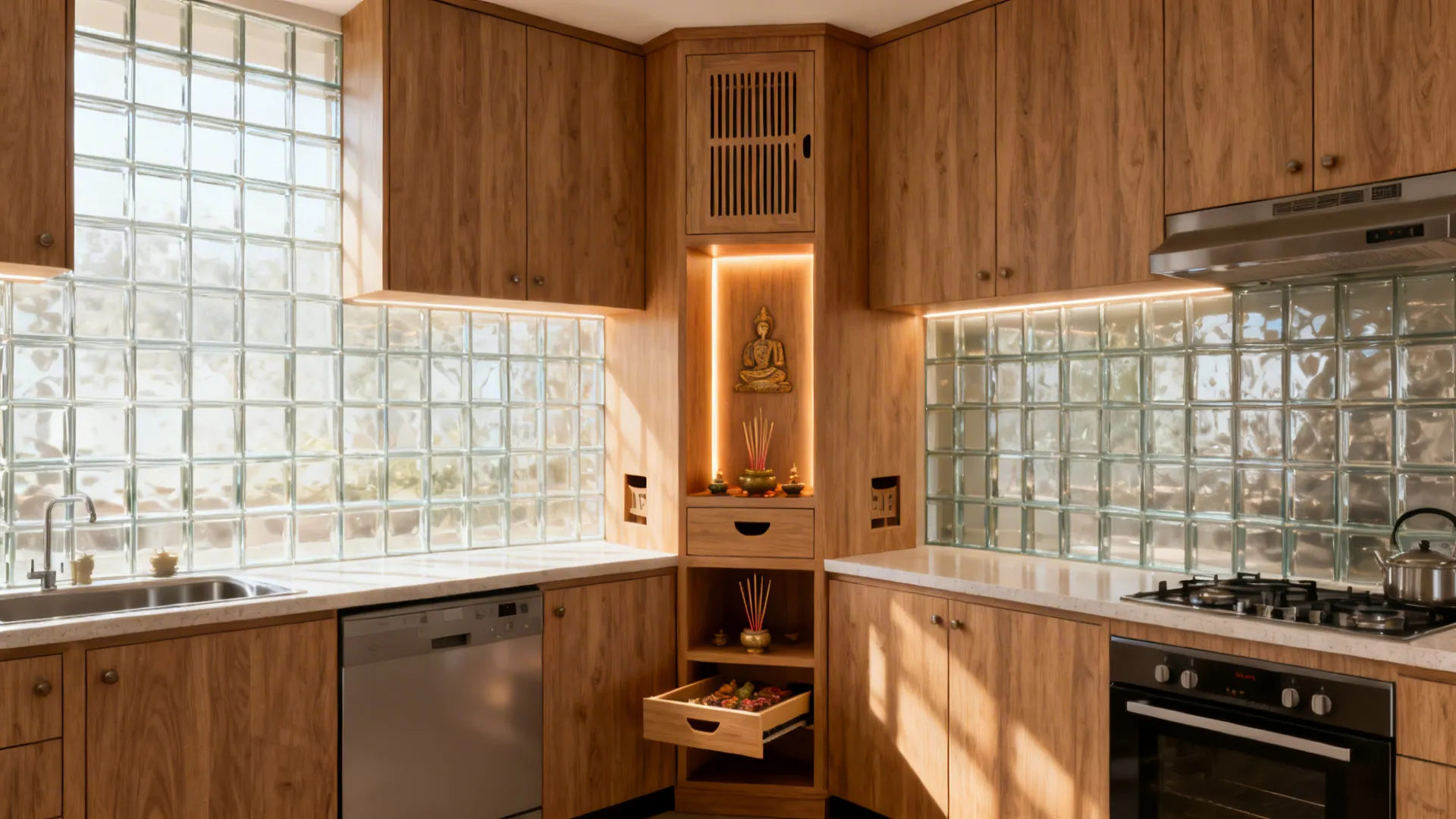L-shaped kitchen with a tall corner pooja cabinet in warm wood and soft lighting.