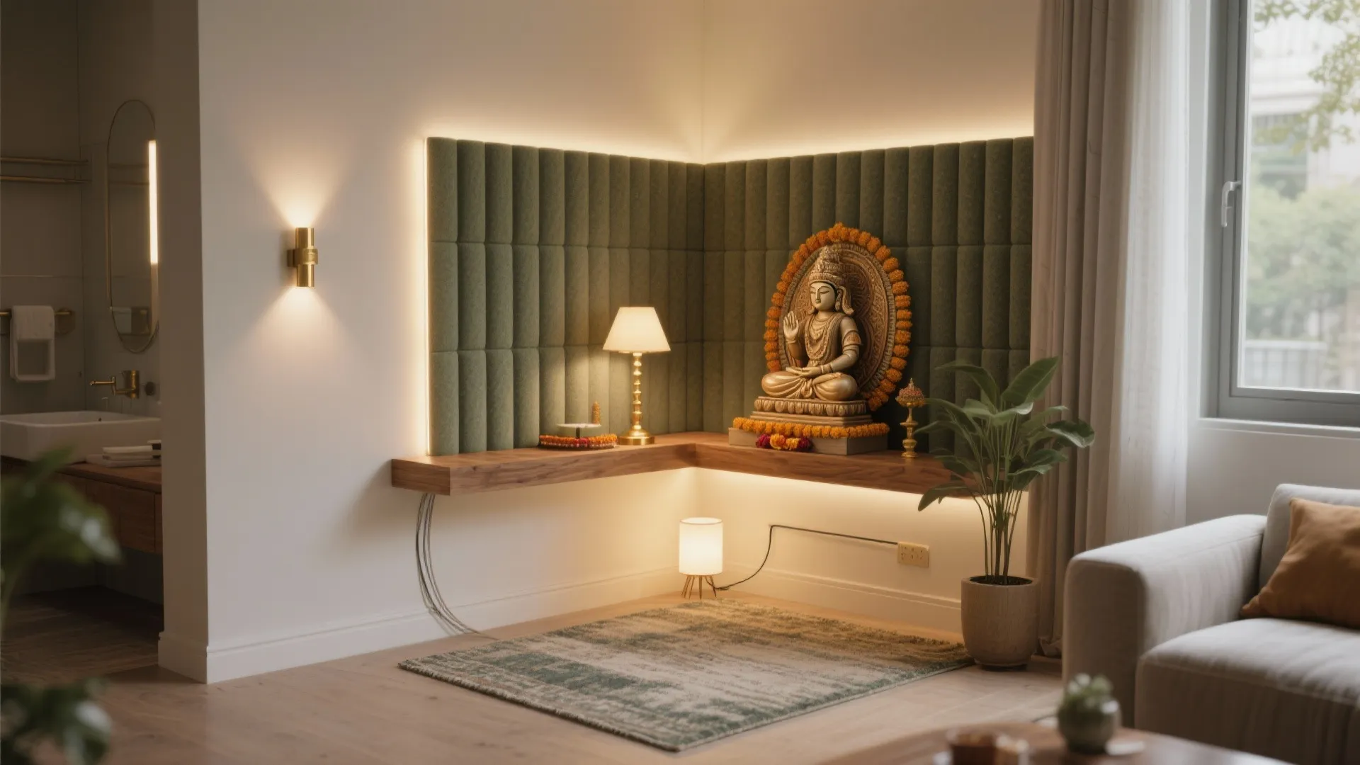 Corner pooja with layered lighting and acoustic calm