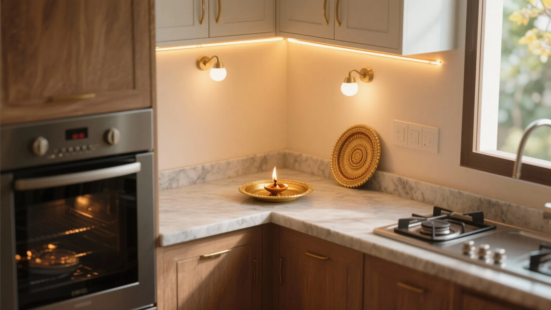 Marble kitchen countertop with gold candle plate and wall lights under white wooden storage cabinets