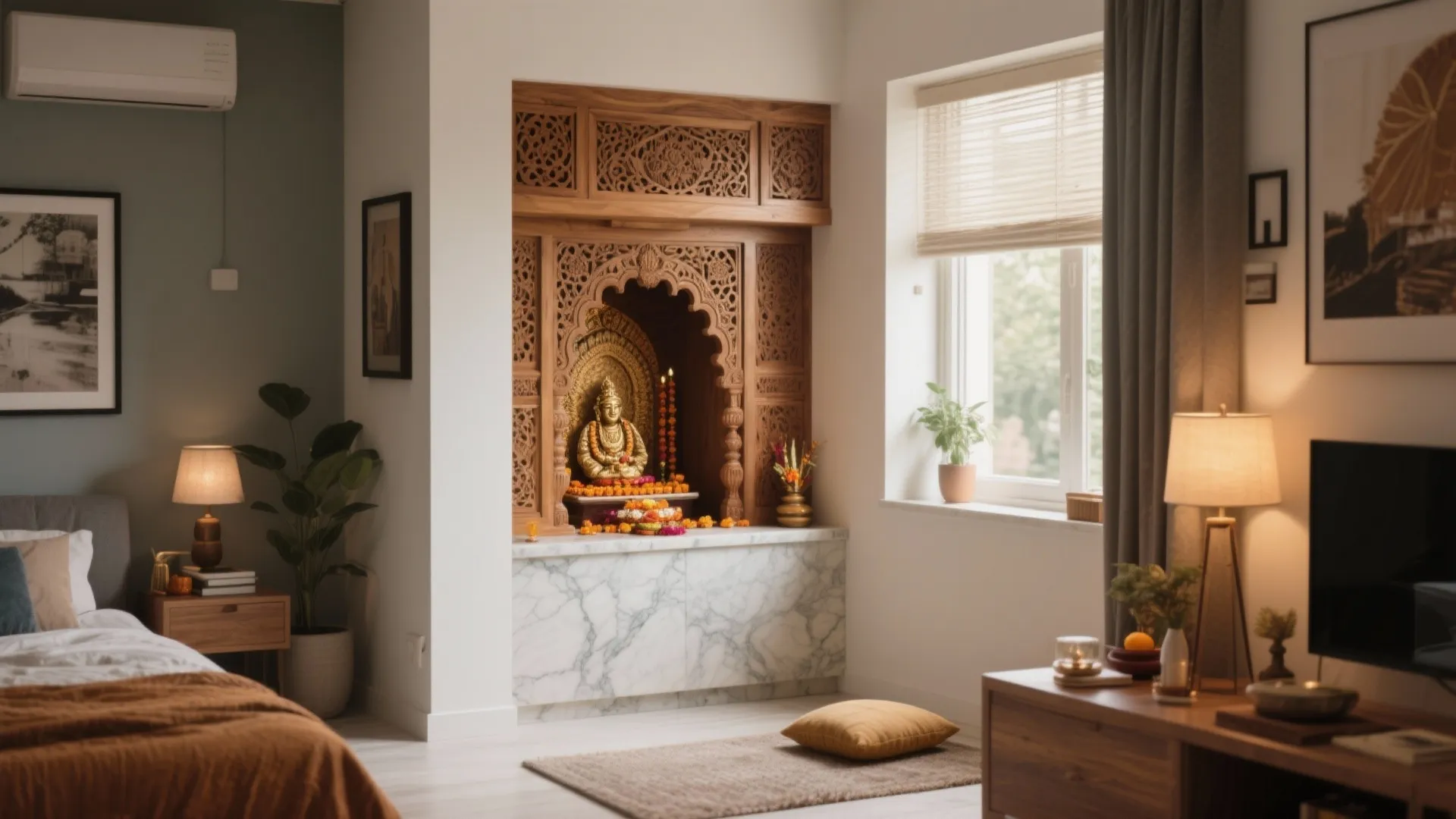 Elegant bedroom featuring wooden carved wall panel small altar marble cabinet and soft table light