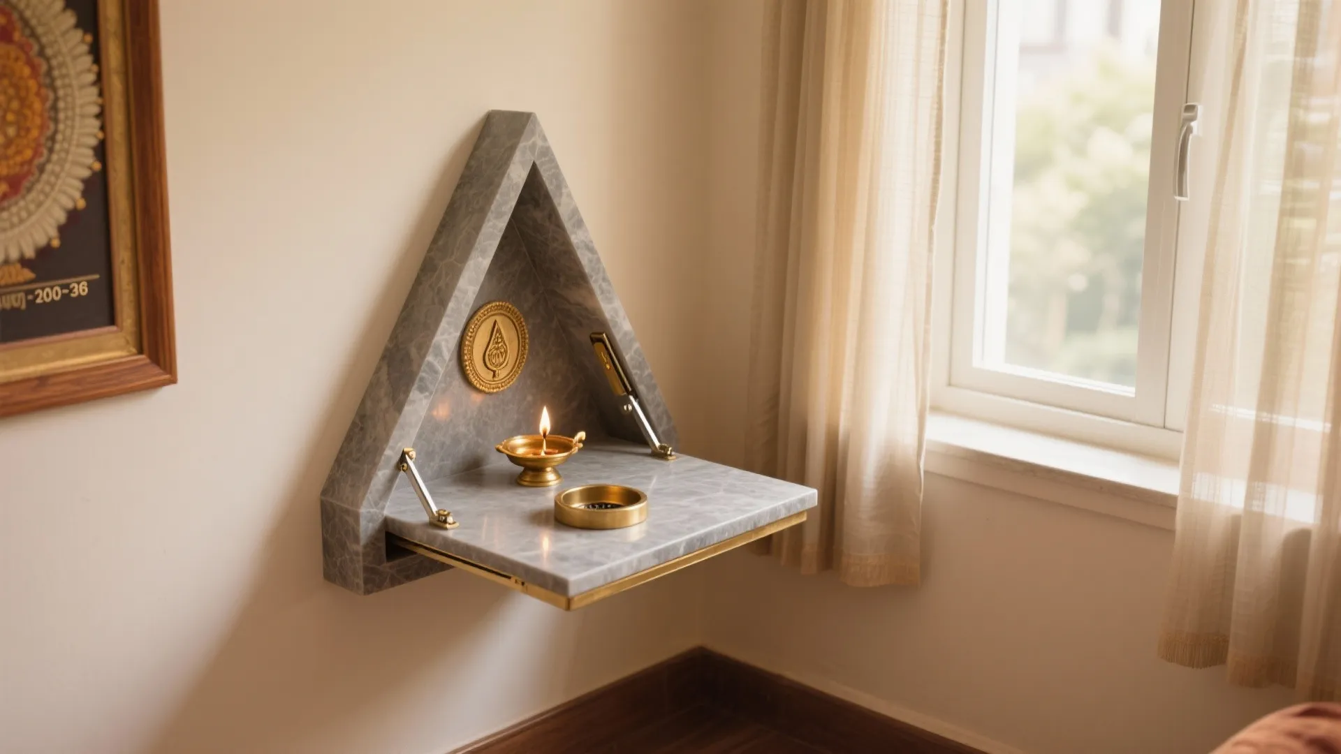 Triangle grey marble wall shelf for prayer area with small oil lamp near bright window