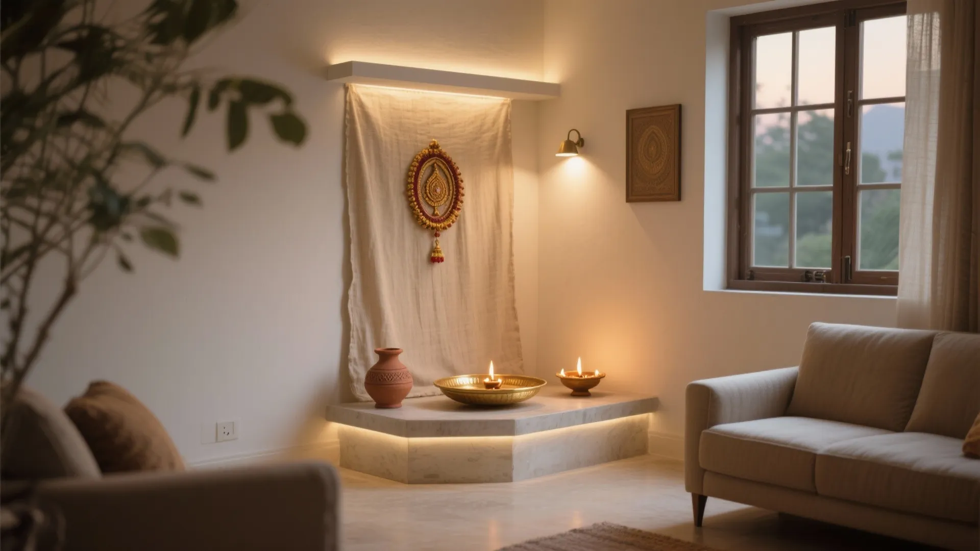 Spiritual corner in living room with marble platform lit candles wall light sofa and window