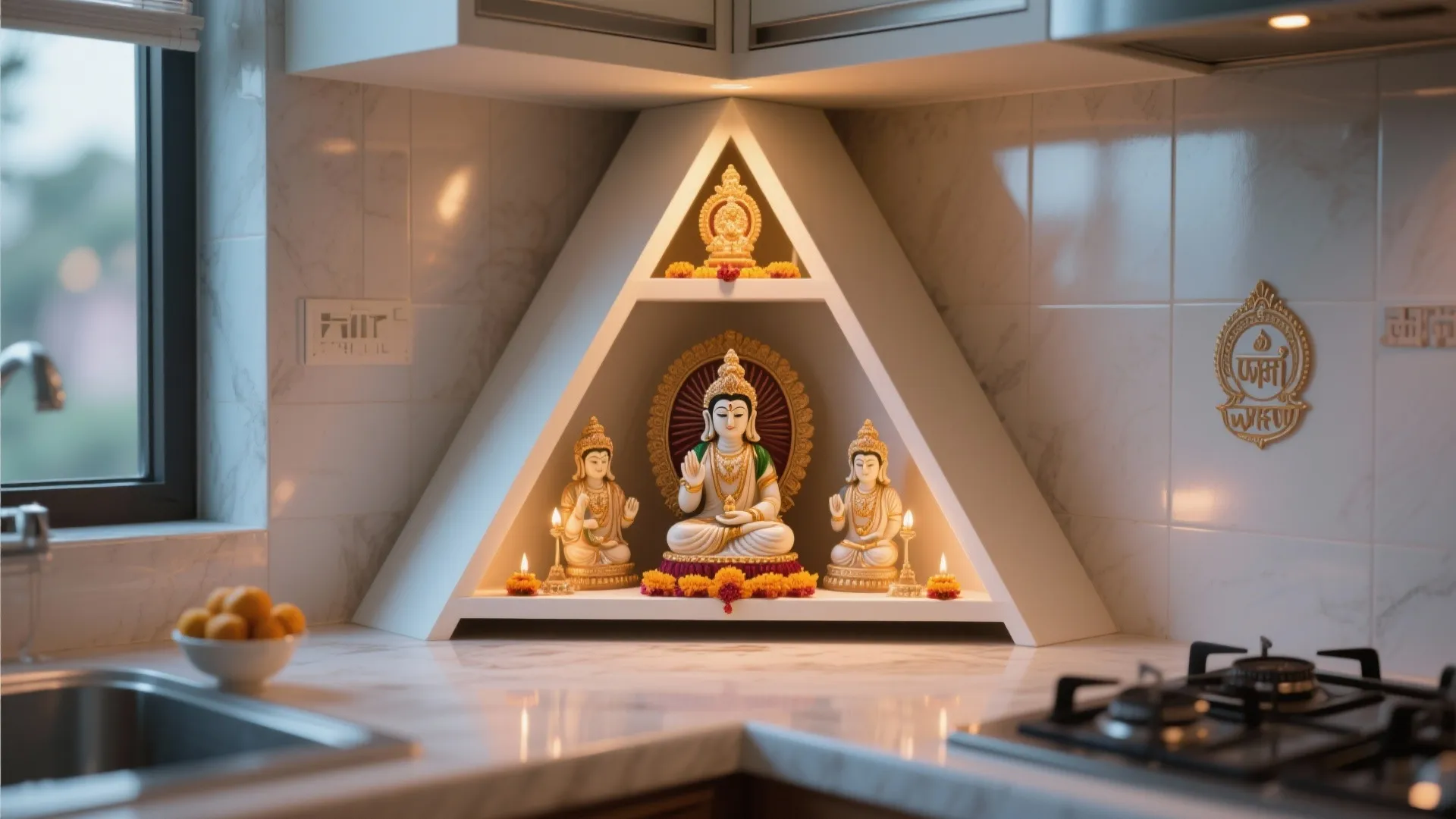 Corner shelf pooja arrangement in small kitchen