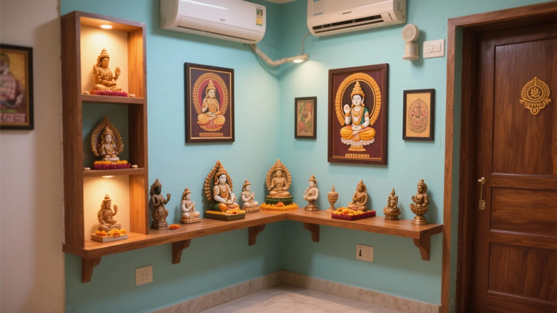 Light blue room corner with wooden wall shelves holding small statues and framed religious wall art