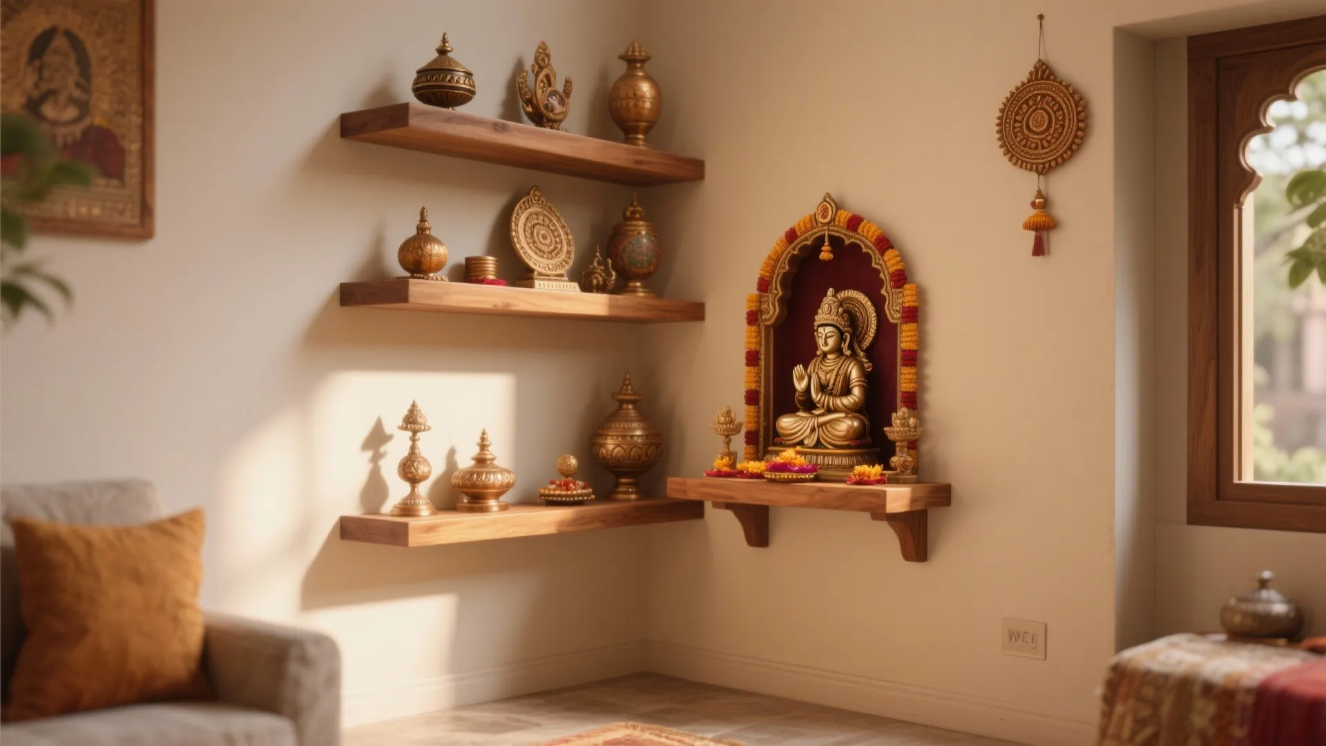 Corner Pooja Setup with Floating Shelves