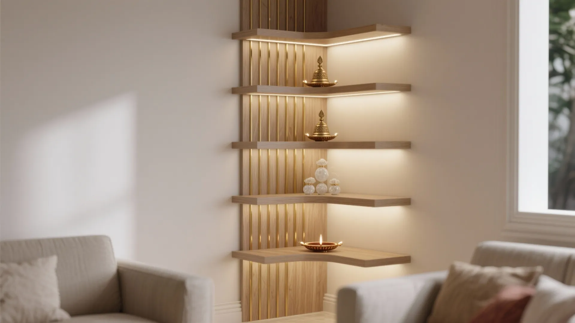 Corner pooja shelf with vertical brass accents