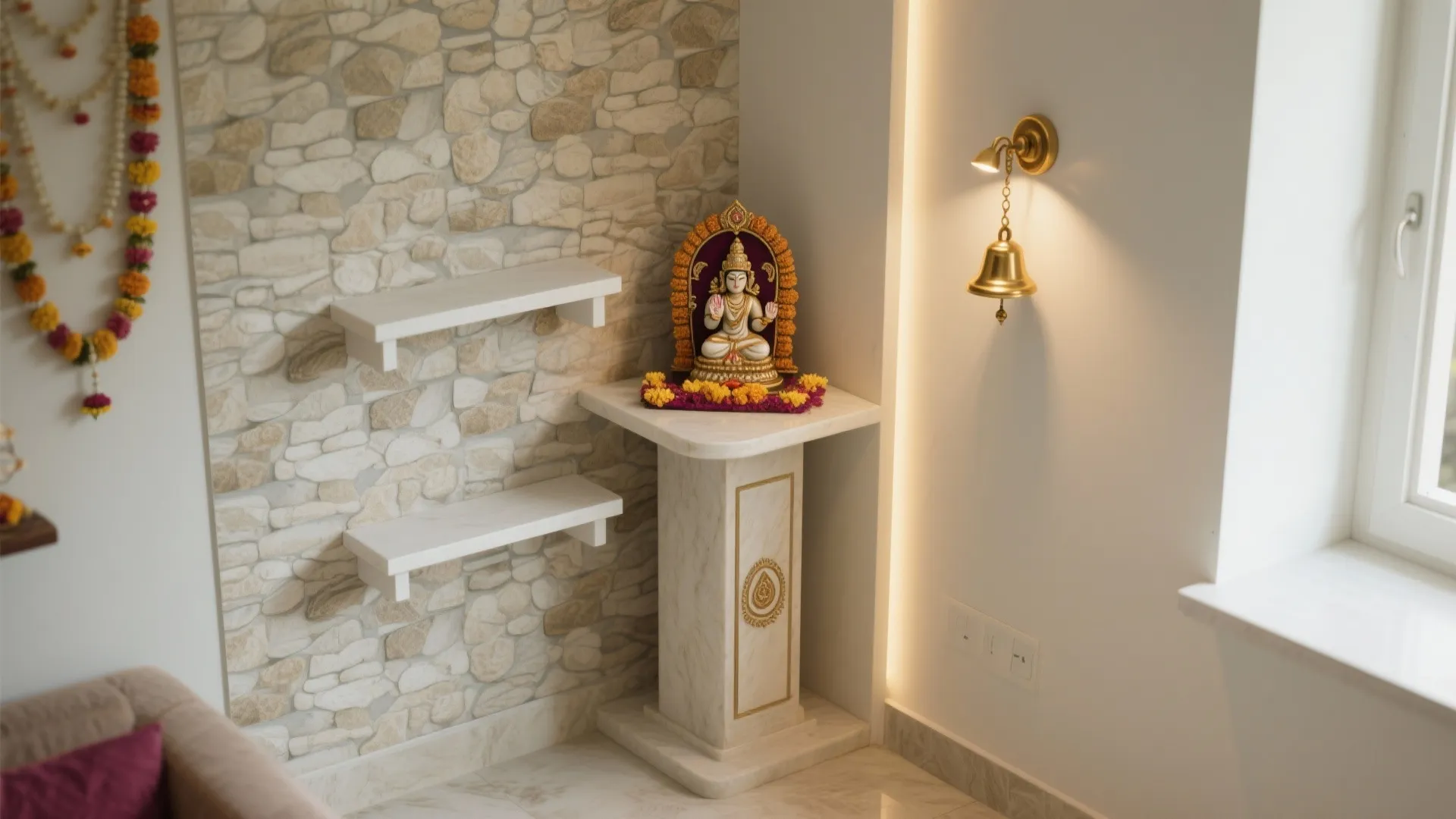 Corner pooja stand with floating side shelves