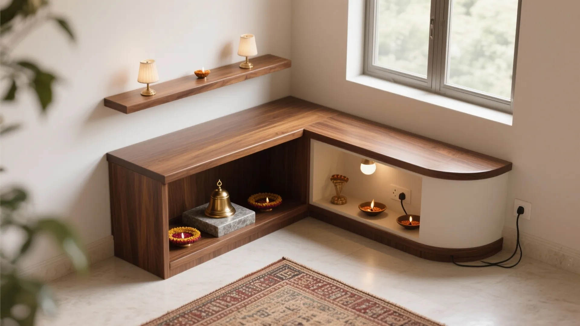 Corner pooja unit with an L-shaped base