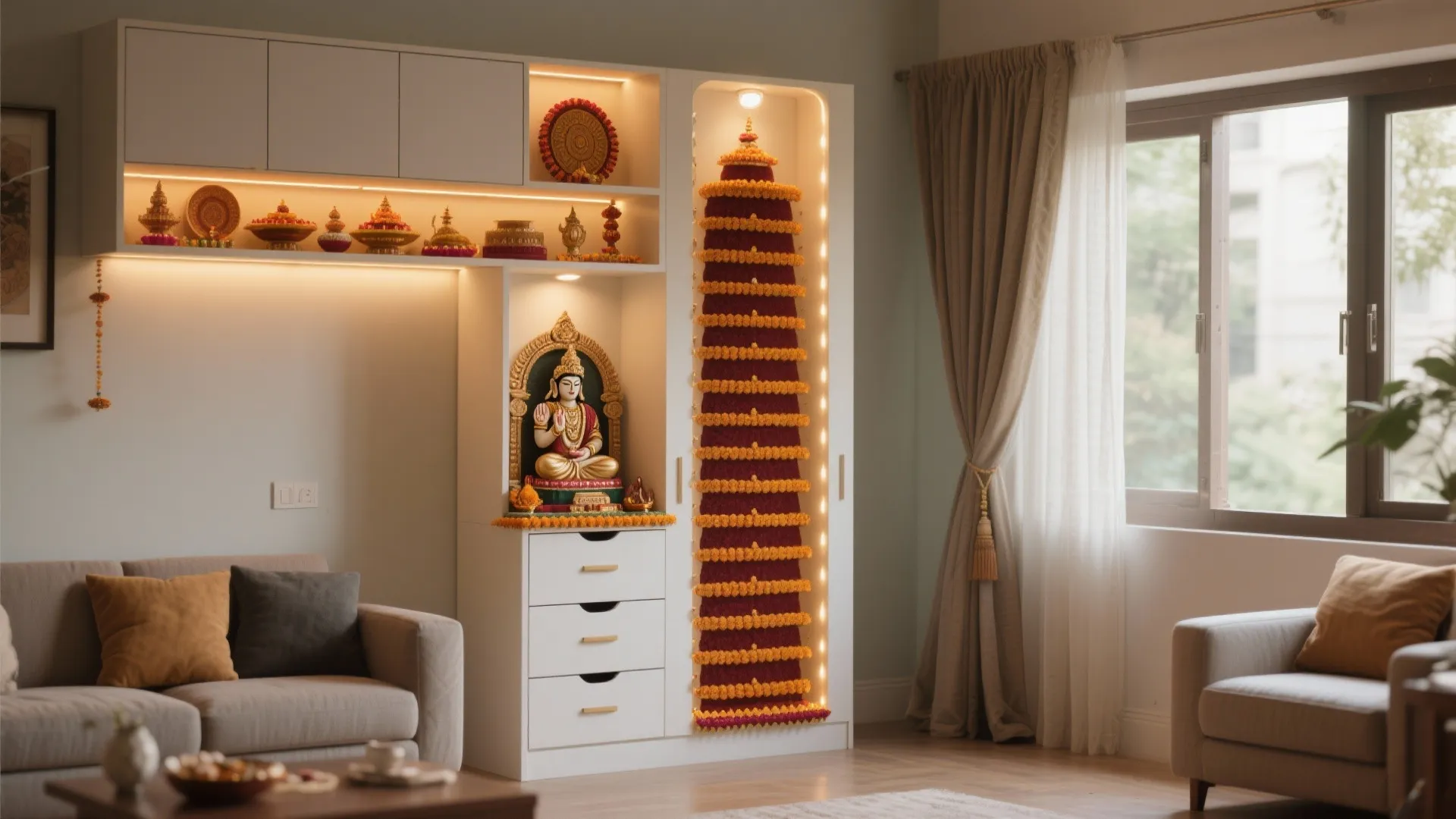 Tall corner pooja tower with eye-level altar, drawers below, and warm dimmable lighting.