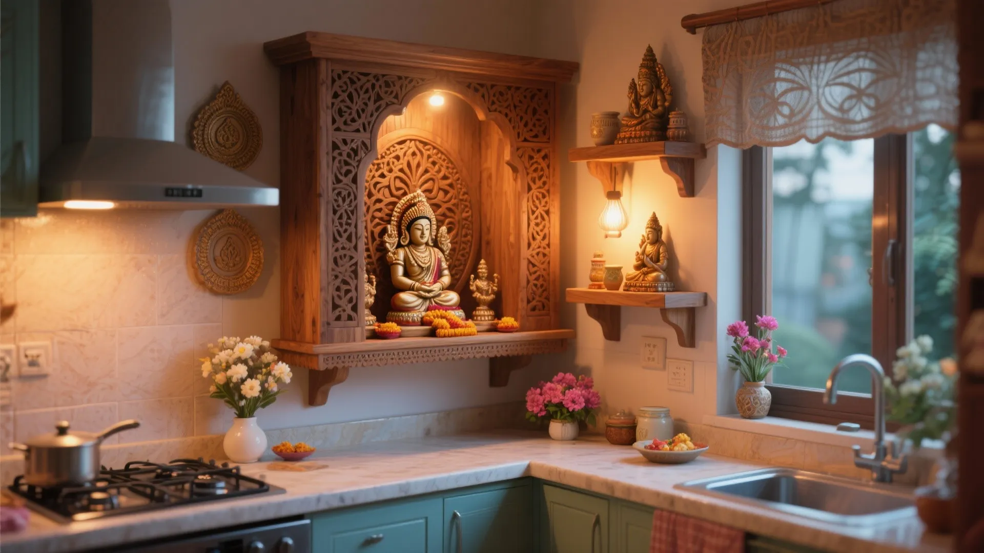 Corner of a kitchen showing a carved wooden wall shelf with small statues and flowers