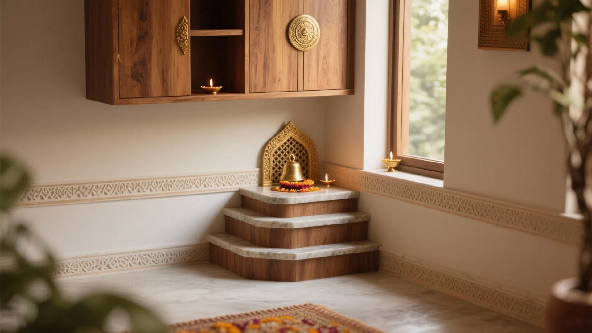 Compact Corner Pooja Unit with Layered Carvings