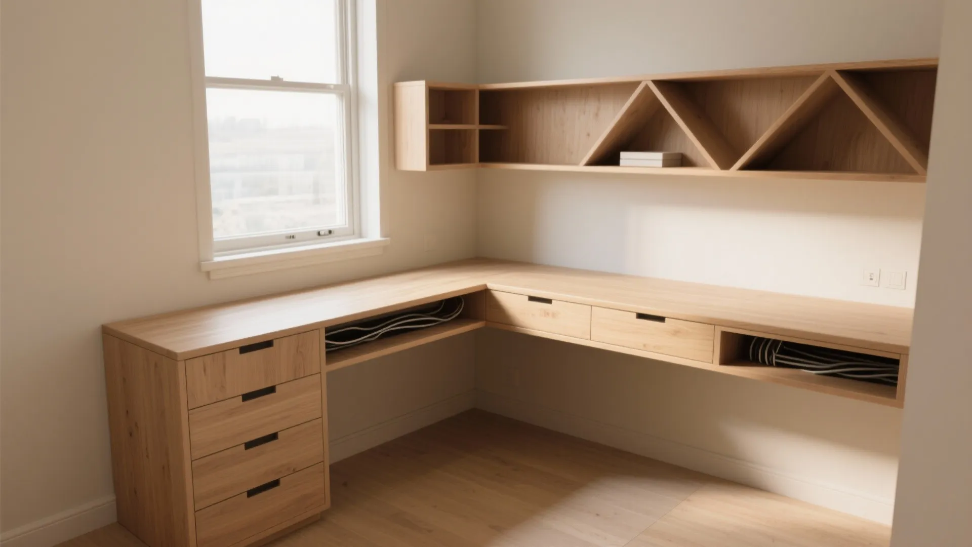 Empty wooden corner desk with drawers and wall shelves in a bright room with a window