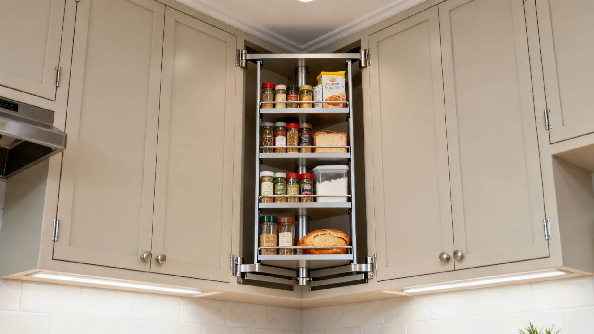 Angled corner upper cabinet with a vertical pull-down rack bringing spices to eye level.