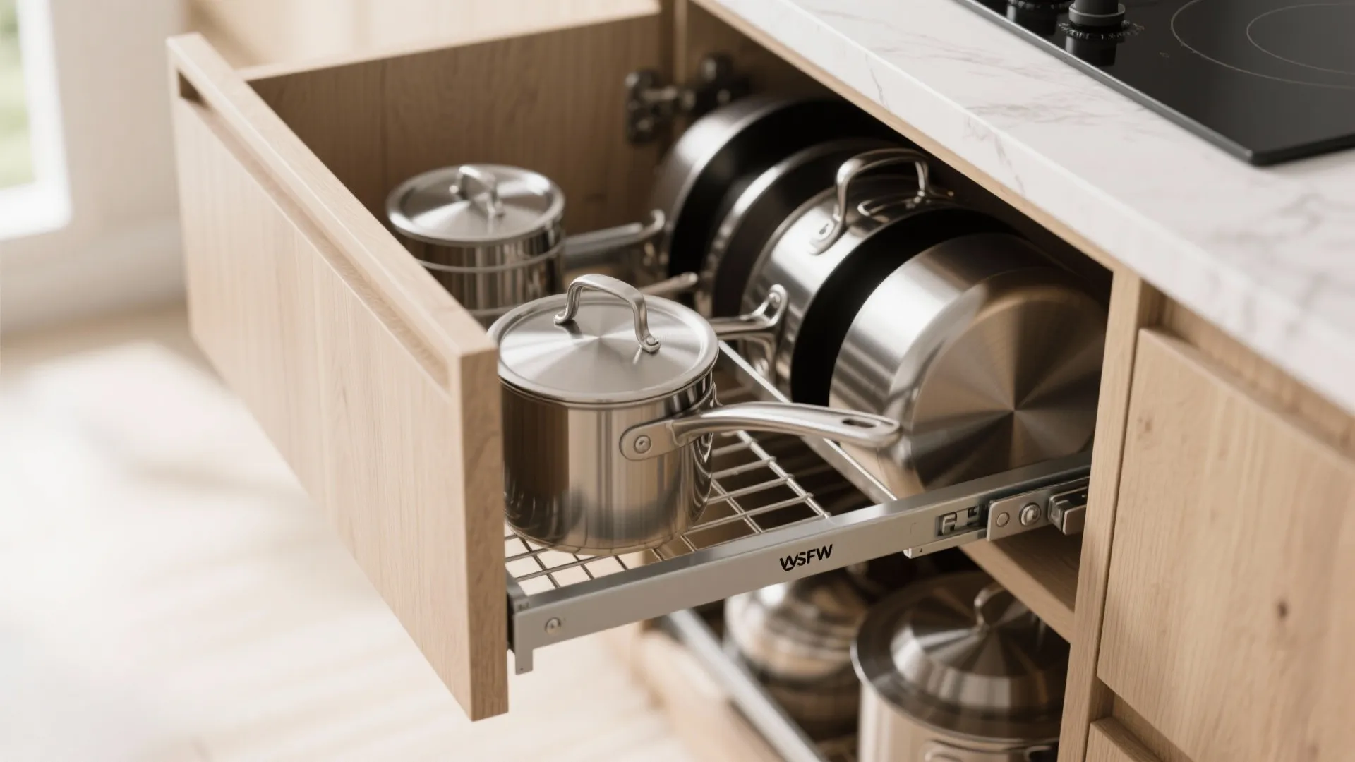 Kitchen drawer with metal rack holding several stainless steel pots and pans under black stove