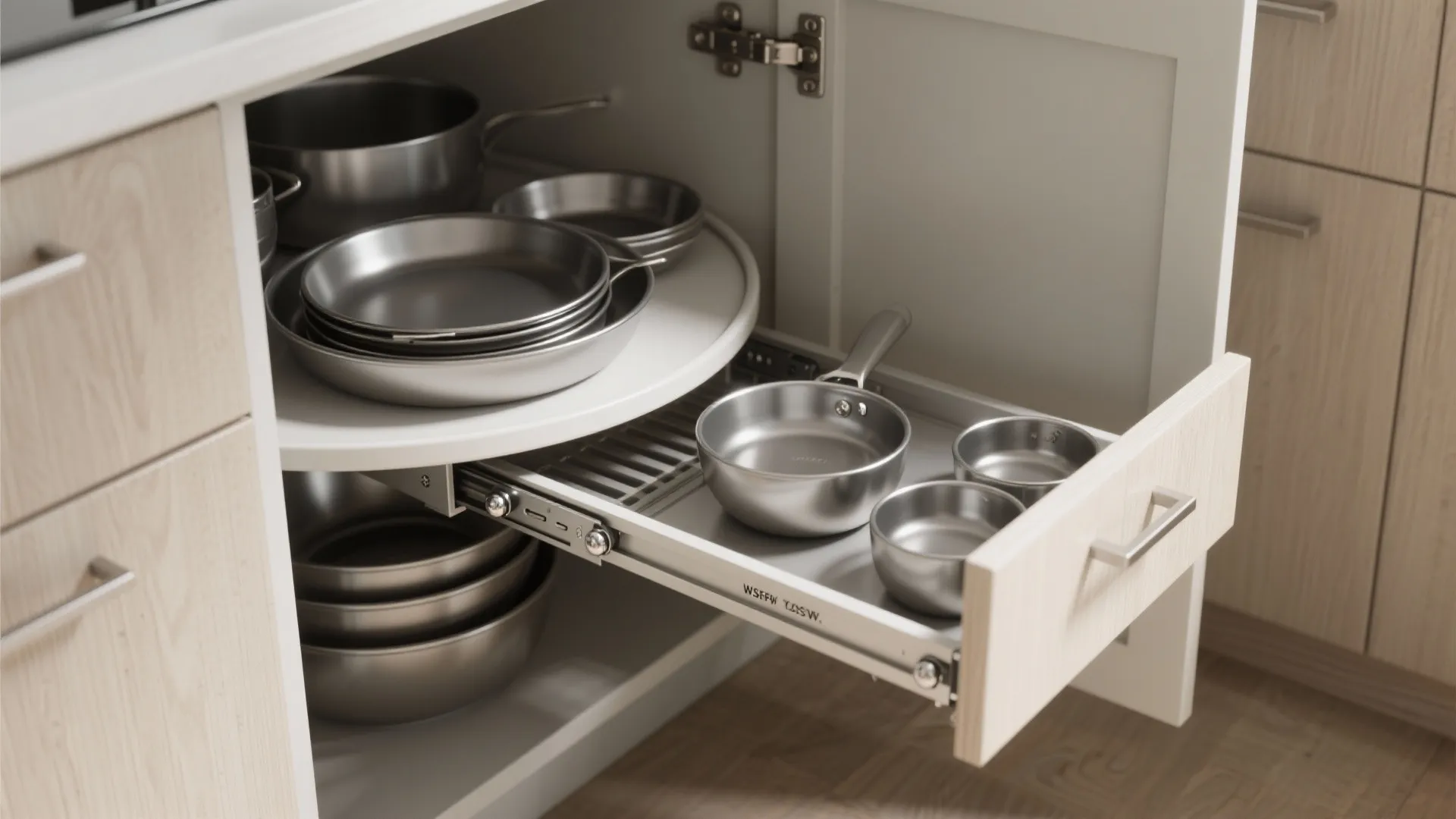 Pull out kitchen corner cabinet with metal shelves and drawers holding various silver pots and pans