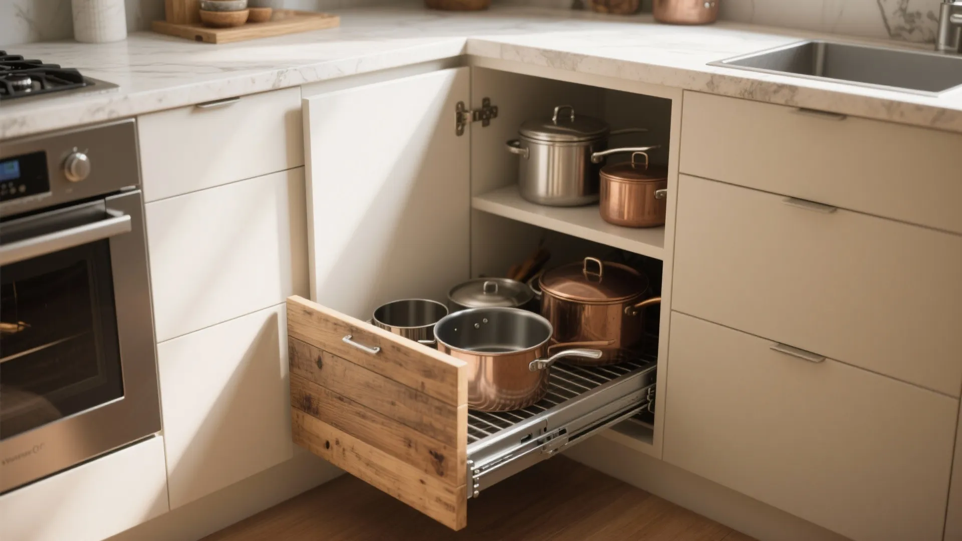 Corner pull-out and swing drawers