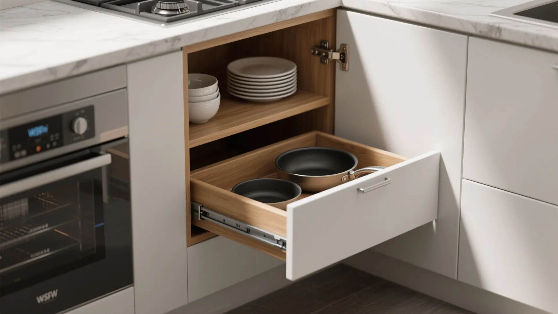 Open white kitchen cabinet with wood drawer holding pans and plates near a marble countertop