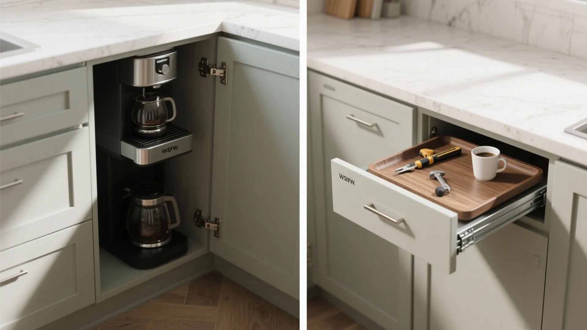 Corner cabinet shown closed and pulled out to reveal a compact coffee prep tray and espresso drawer.