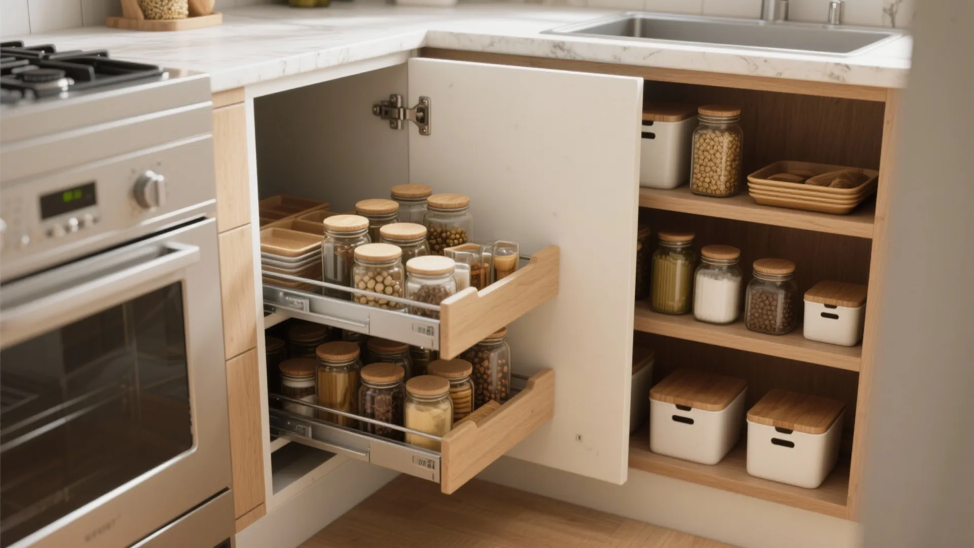 Corner kitchen cabinet with pull out wooden drawers holding glass jars next to silver oven