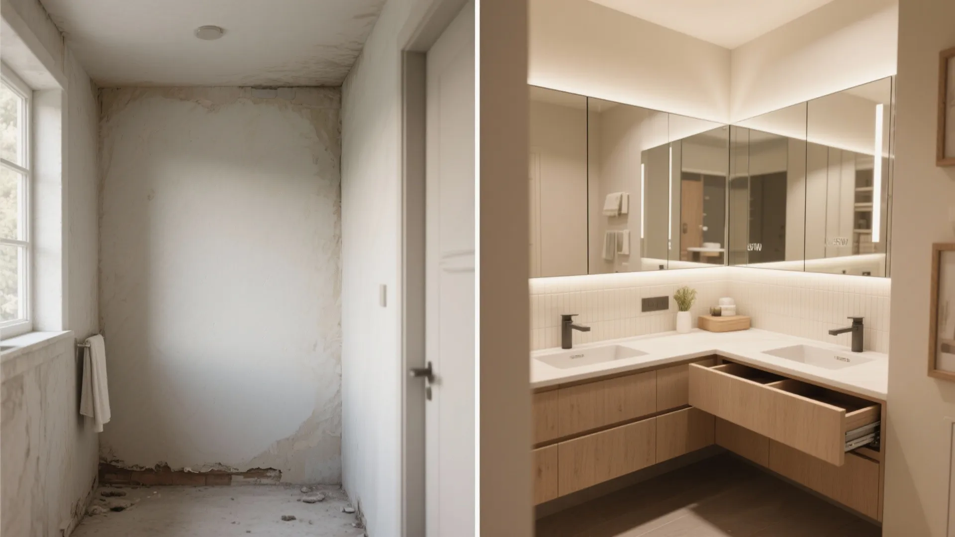 Before-and-after comparison of a corner nook transformed with a corner vanity and a pull-out vanity with mirrored backsplash.