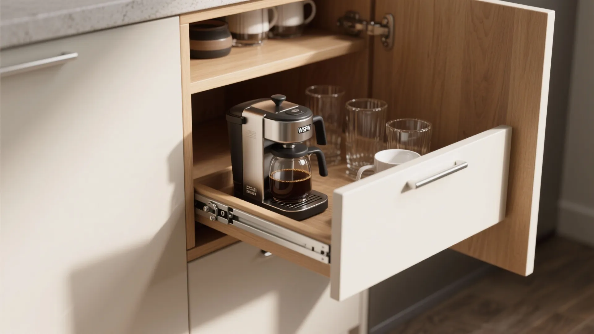 Small coffee machine placed inside an open pull out kitchen drawer cabinet with glasses mugs