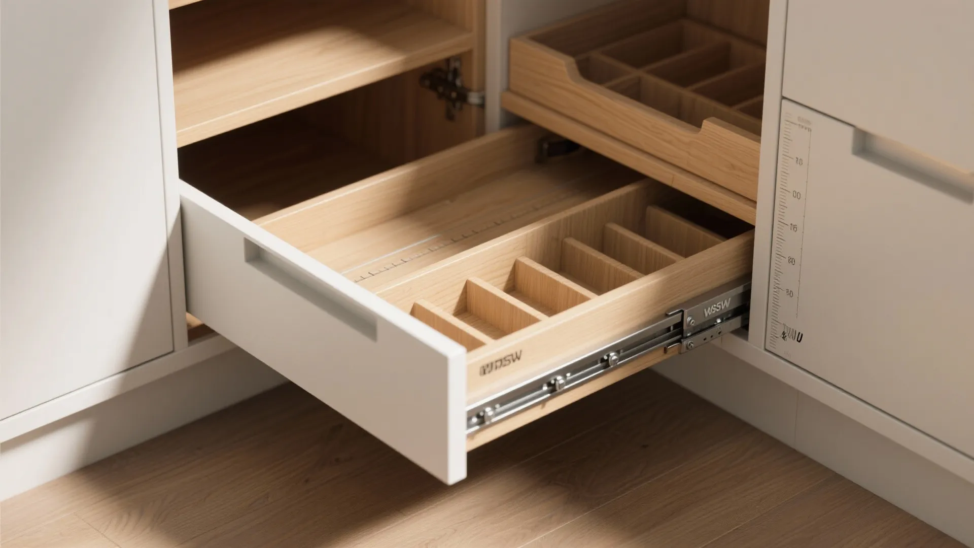 Close up view of open white kitchen drawer showing wooden storage dividers and metal sliders