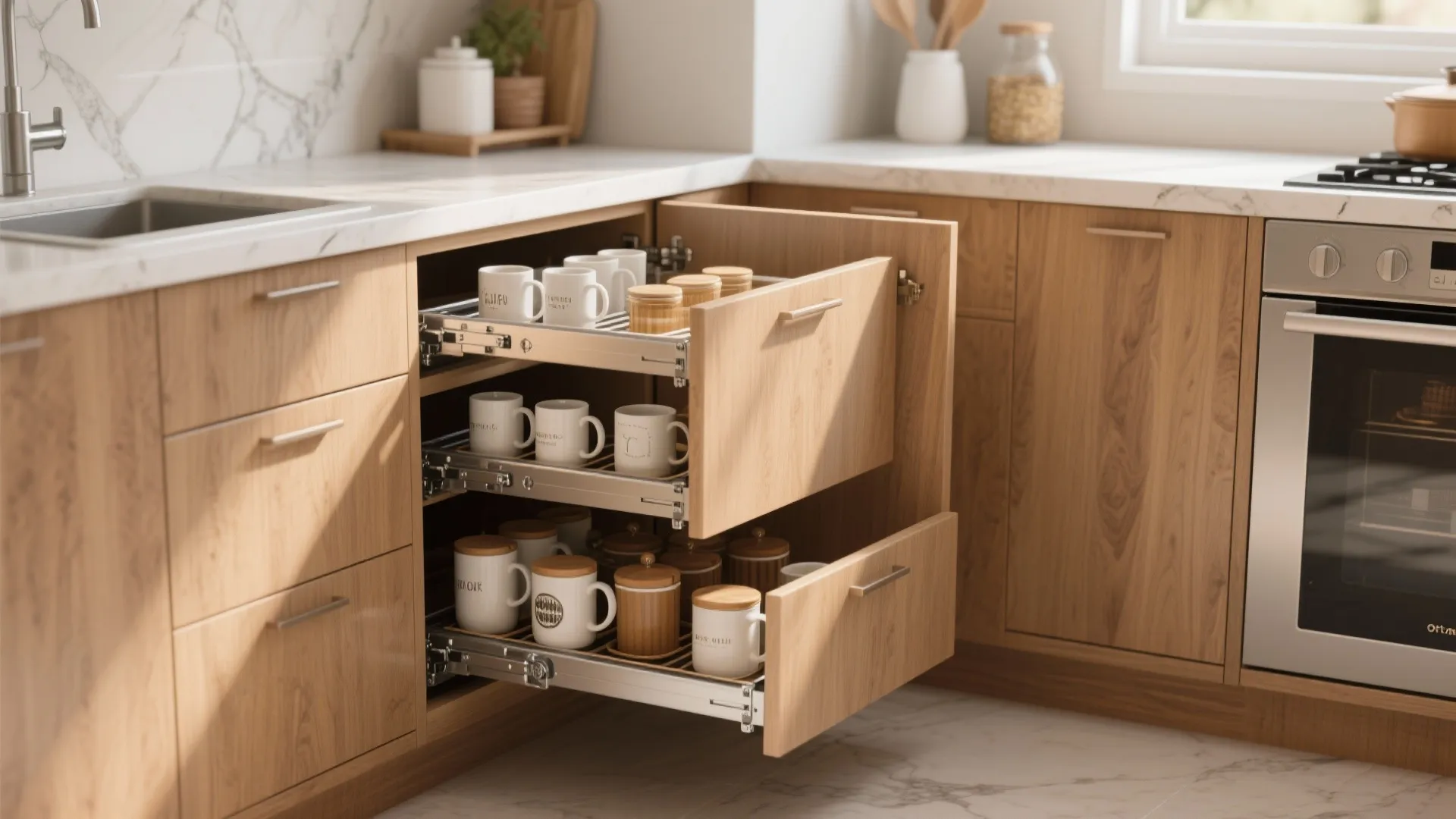 Modern wooden kitchen corner cabinet with metal pull out shelves storing white mugs and jars