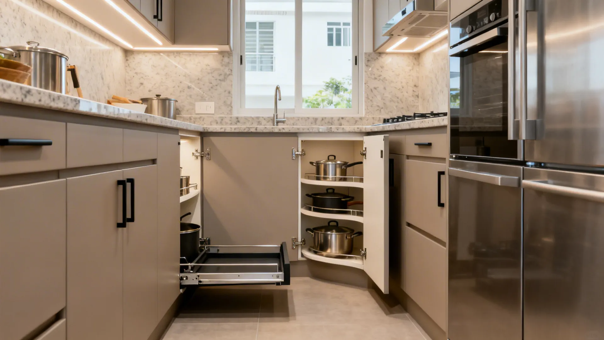 L-shaped HDB kitchen with a LeMans corner pull-out tray extending cookware into easy reach.