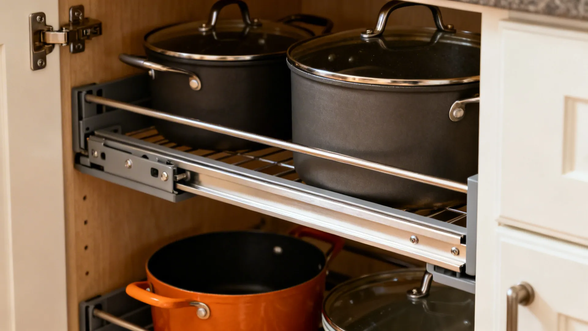 Close-up of a blind corner pull-out tray mechanism with organized cookware.