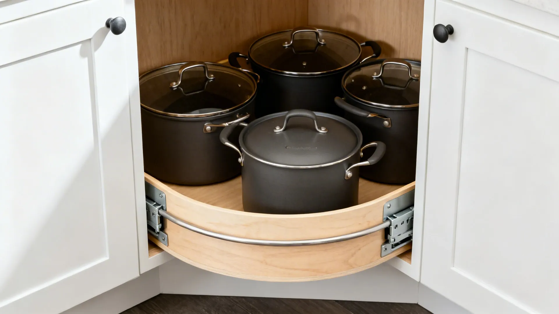 Close-up of a LeMans corner pullout tray with cookware in a compact kitchen.