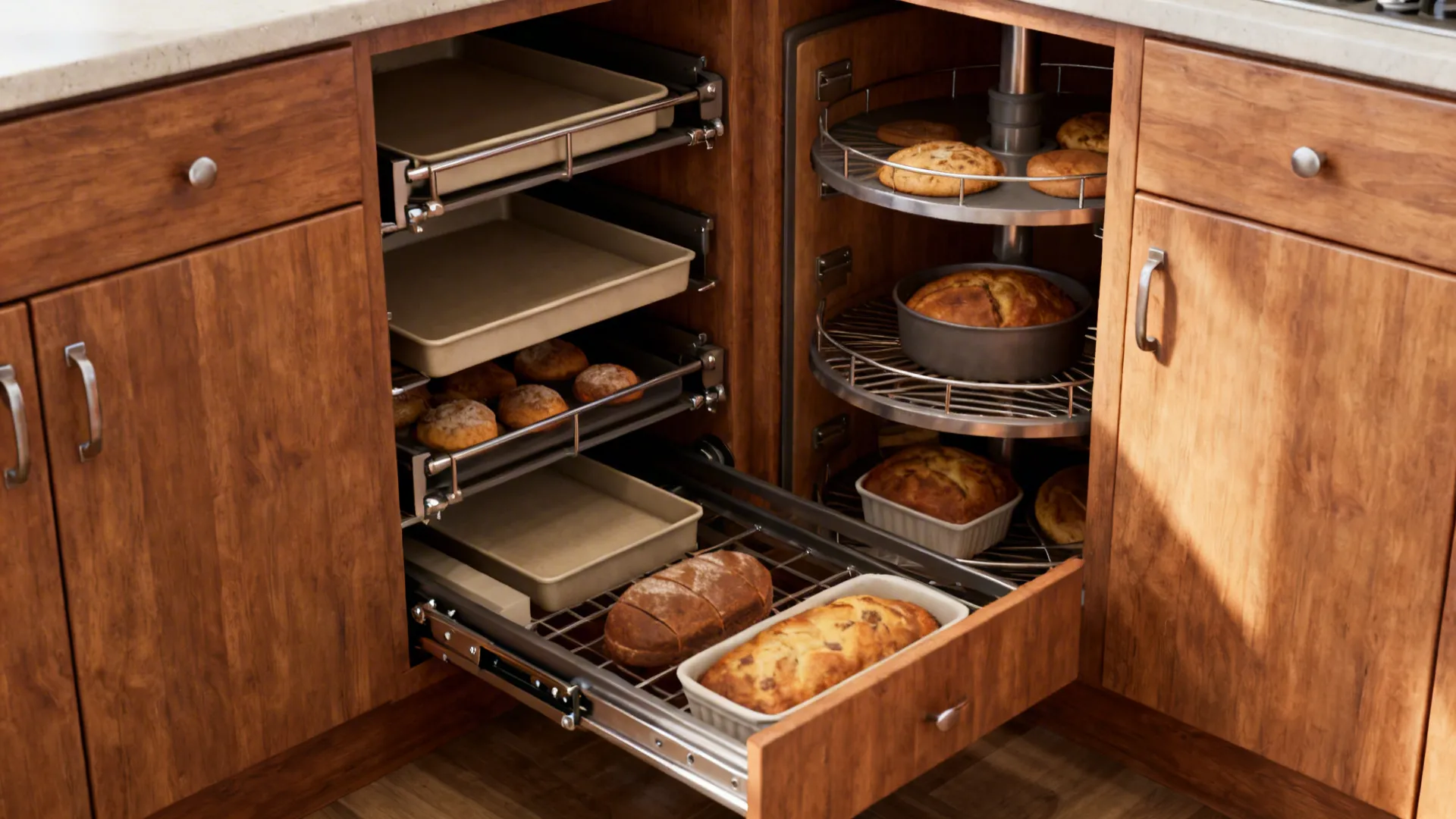 Close-up of a pull-out corner cabinet and lazy Susan inside an L-shaped kitchen corner.
