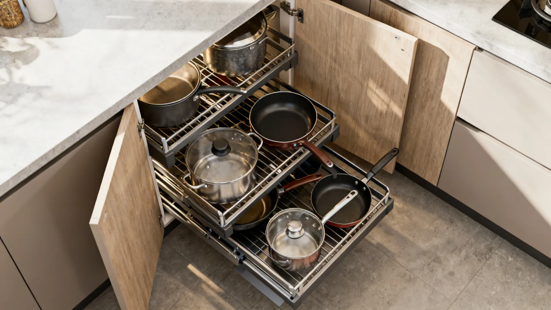 Corner base cabinet open showing pull-out carousel and swing-out rack for pots and pans.