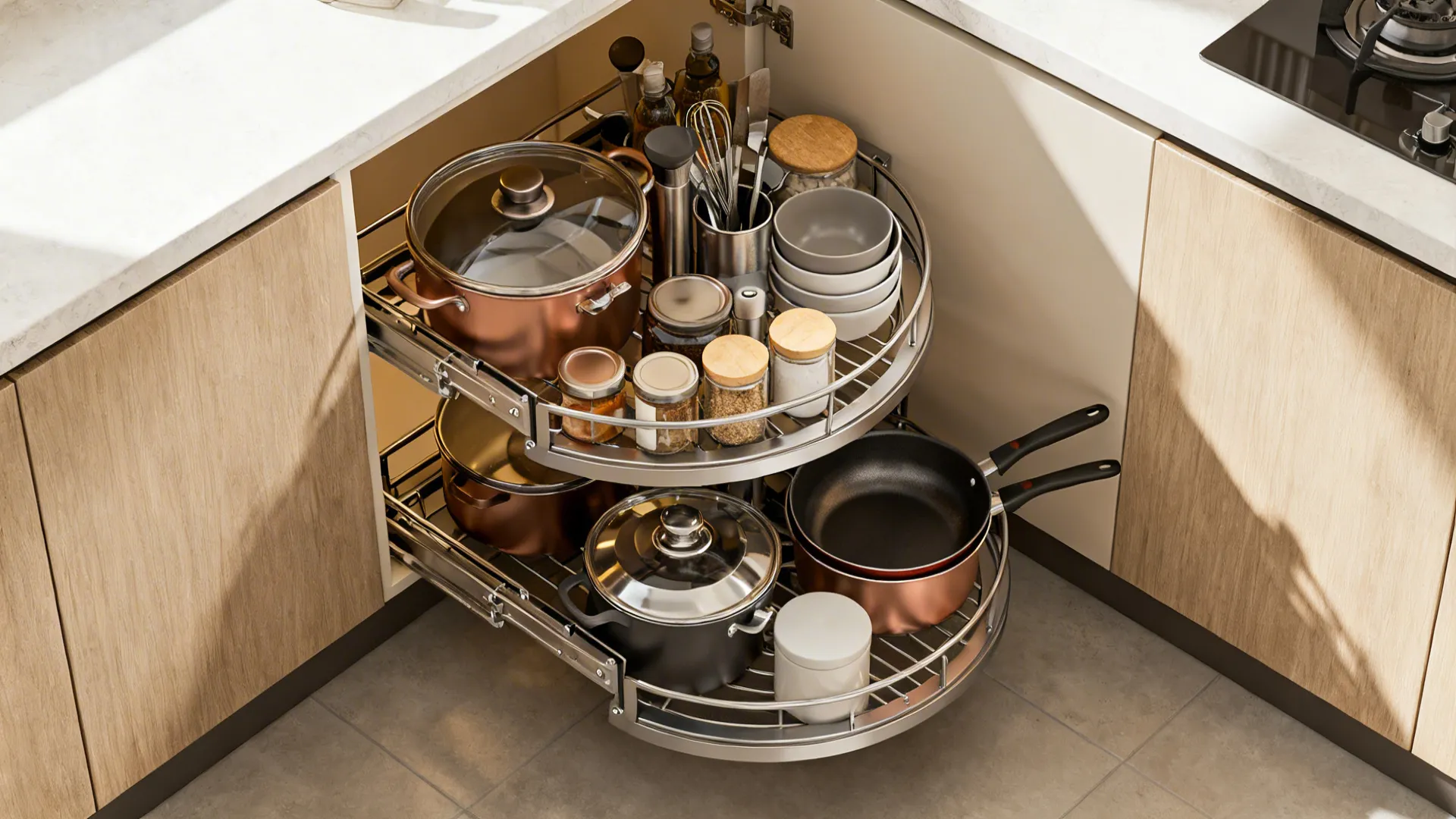Top-down view of a corner cabinet with a two-tier pull-out carousel storing pots and containers