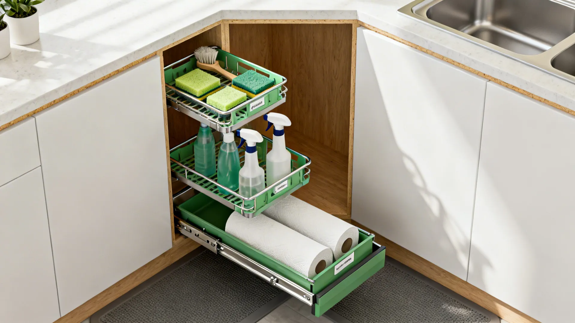 White kitchen corner cabinet with green pull out shelves holding sponges cleaning sprays and towels