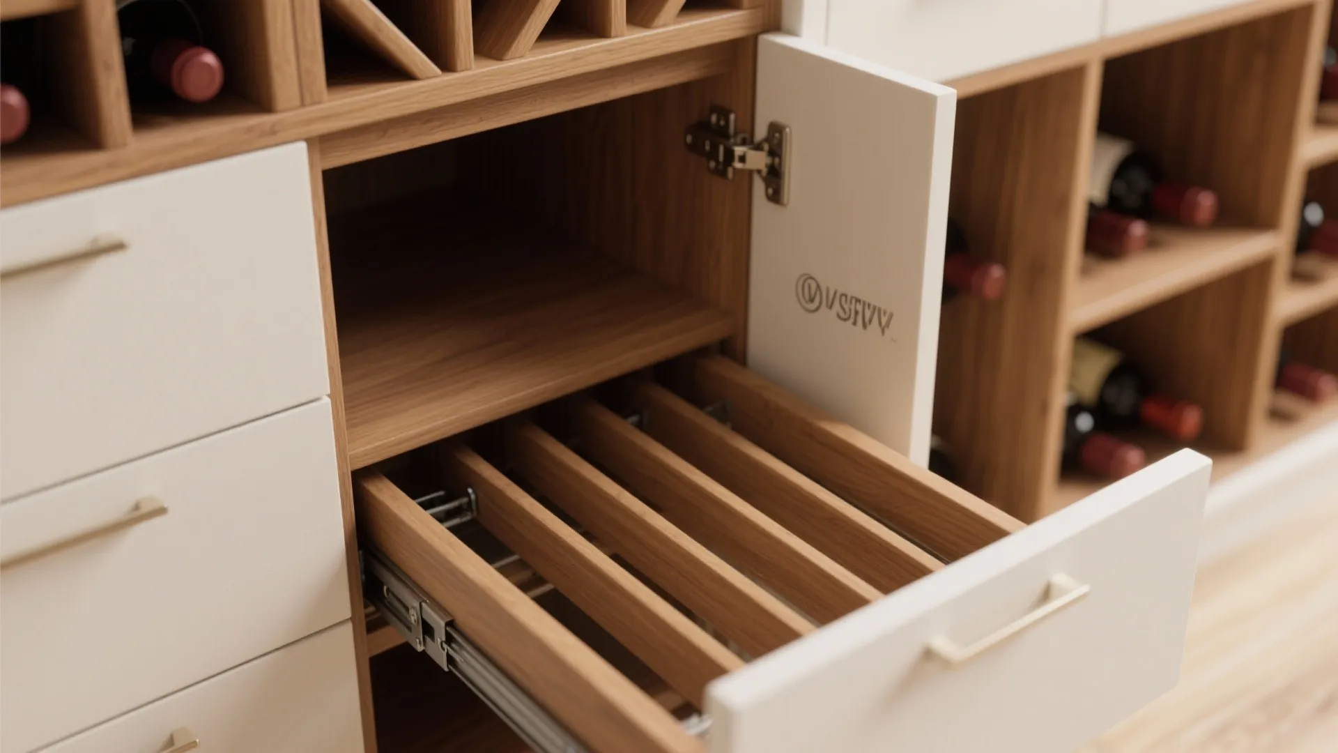 Close up view of wooden kitchen cabinet with wine storage and an open pullout drawer