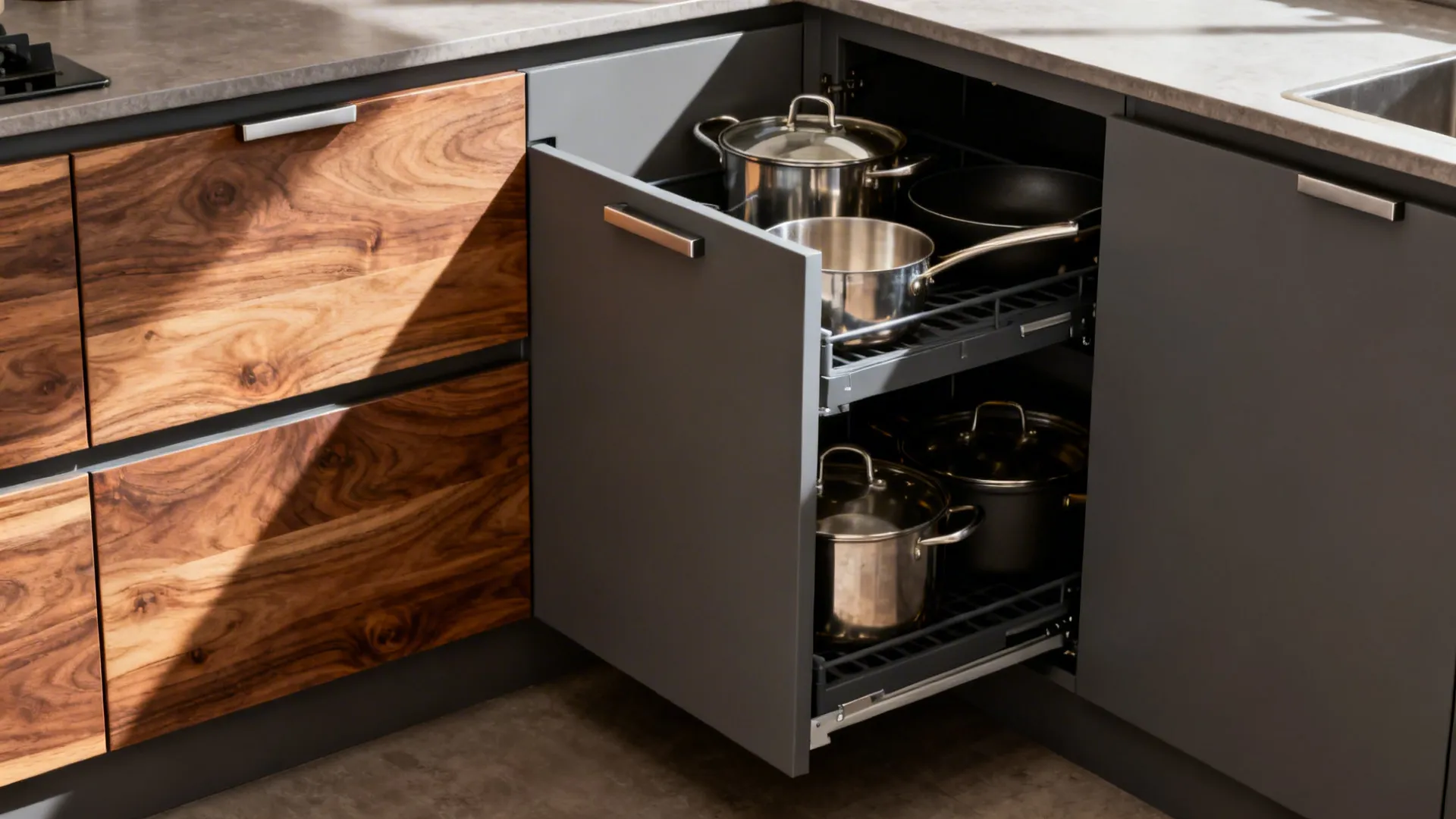 Grey kitchen corner cabinet with pullout metal racks holding several stainless steel pots and frying pans