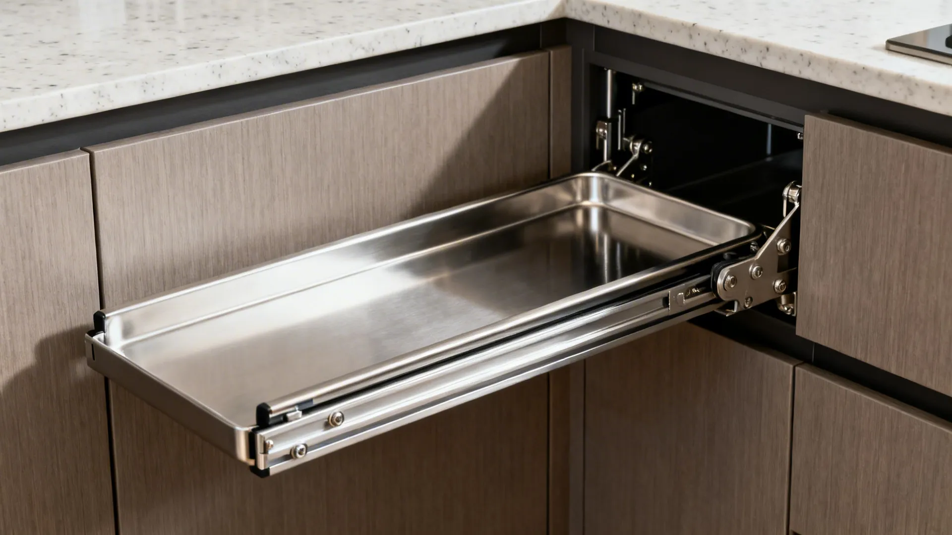 Macro view of stainless corner pull-out tray gliding from an L-shaped cabinet.