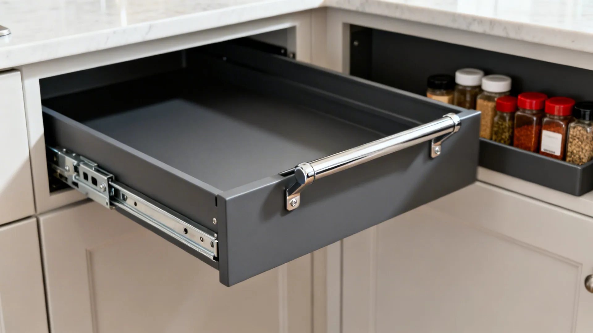 Close-up of blind-corner pull-out tray hardware with spices organized nearby.