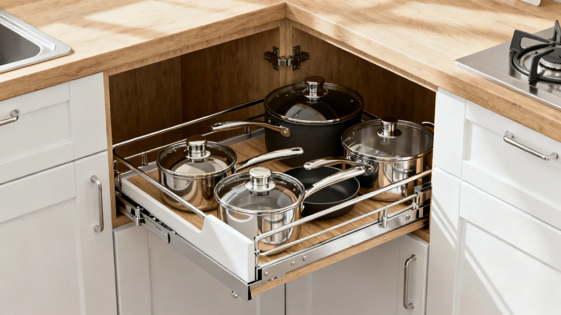 Macro view of a LeMans blind-corner pull-out with trays extending smoothly from an L-shaped cabinet.