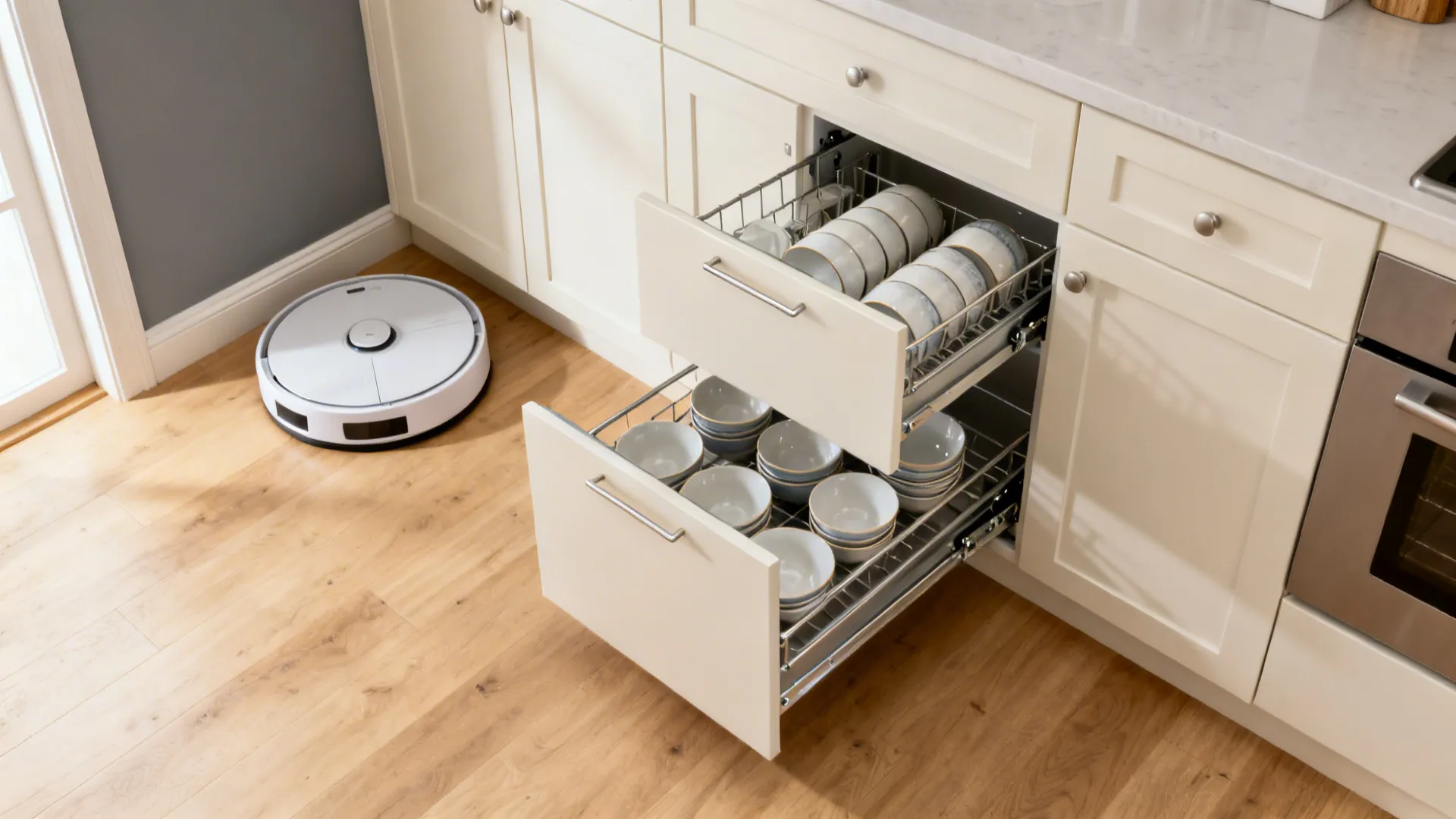 Corner base cabinet with a blind-corner pull-out extended and a petite Lazy Susan nearby.