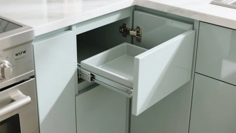 Sleek Mint Kitchen Cabinets with Pull-Out Drawer
