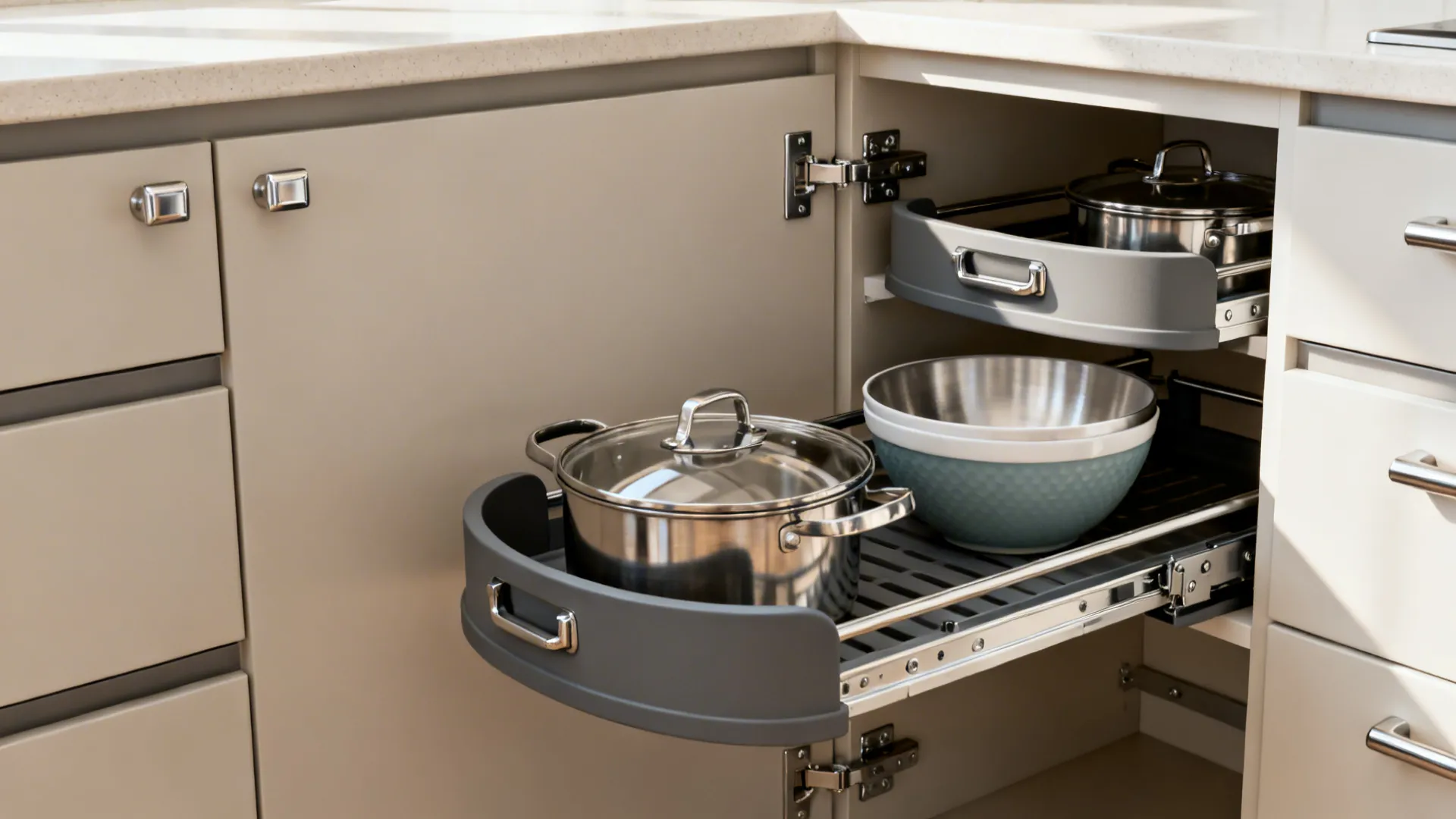 Macro view of a kidney-shaped corner pullout extending from a blind corner cabinet with sturdy hardware.