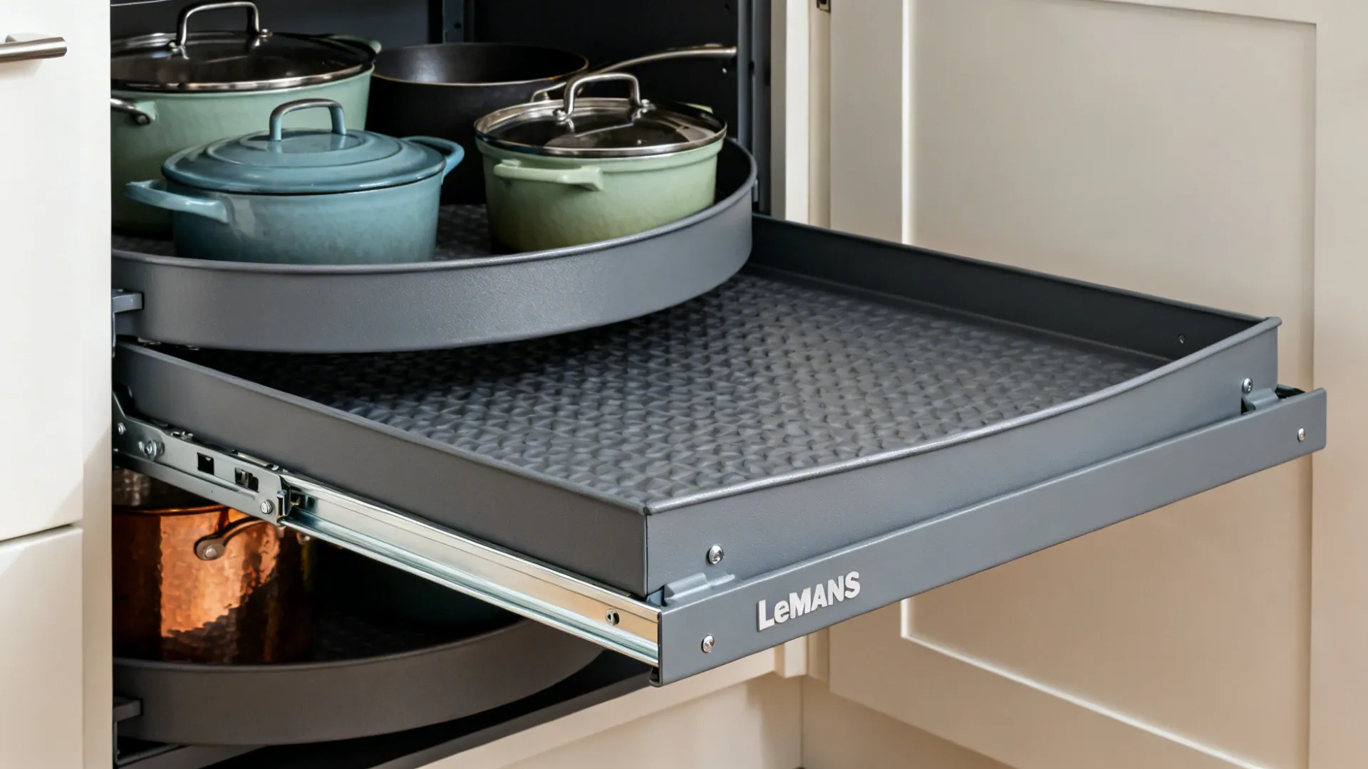 Macro of a LeMans corner pull-out organizer with curved trays and smooth rails.