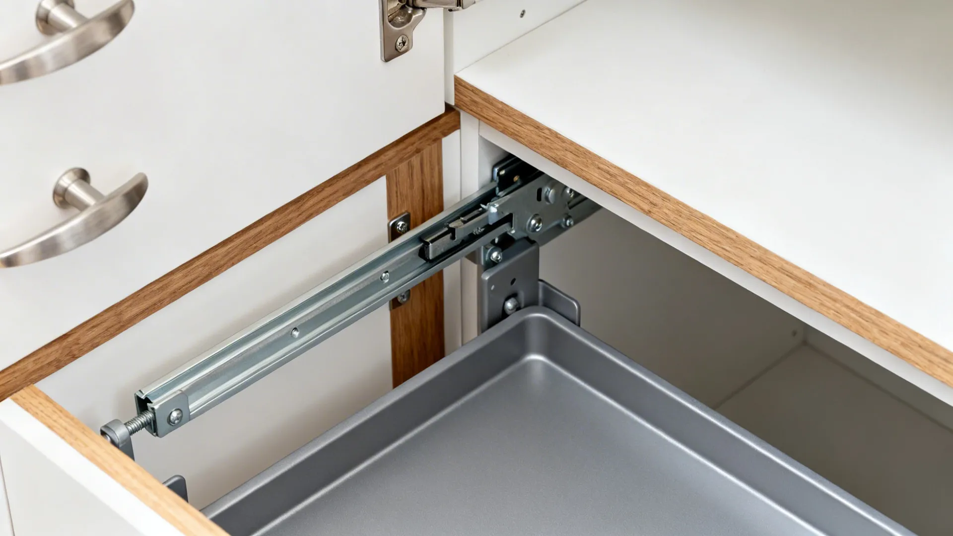Macro of blind-corner pull-out hardware with soft-close trays.