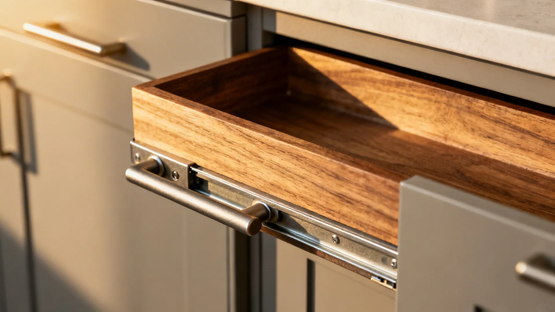 Macro of blind corner pull-out hardware with oak trays inside an L-shaped cabinet.