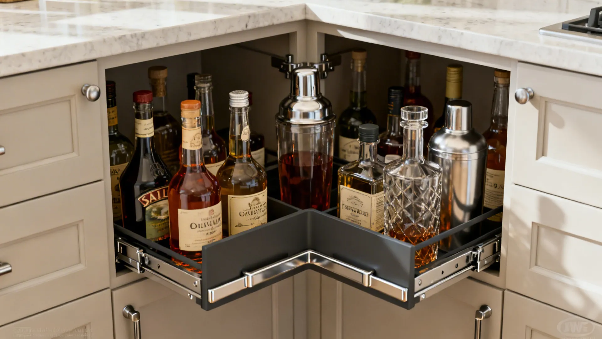 Close-up of a corner pull-out tray system with neatly organized bottles and soft-close hardware.