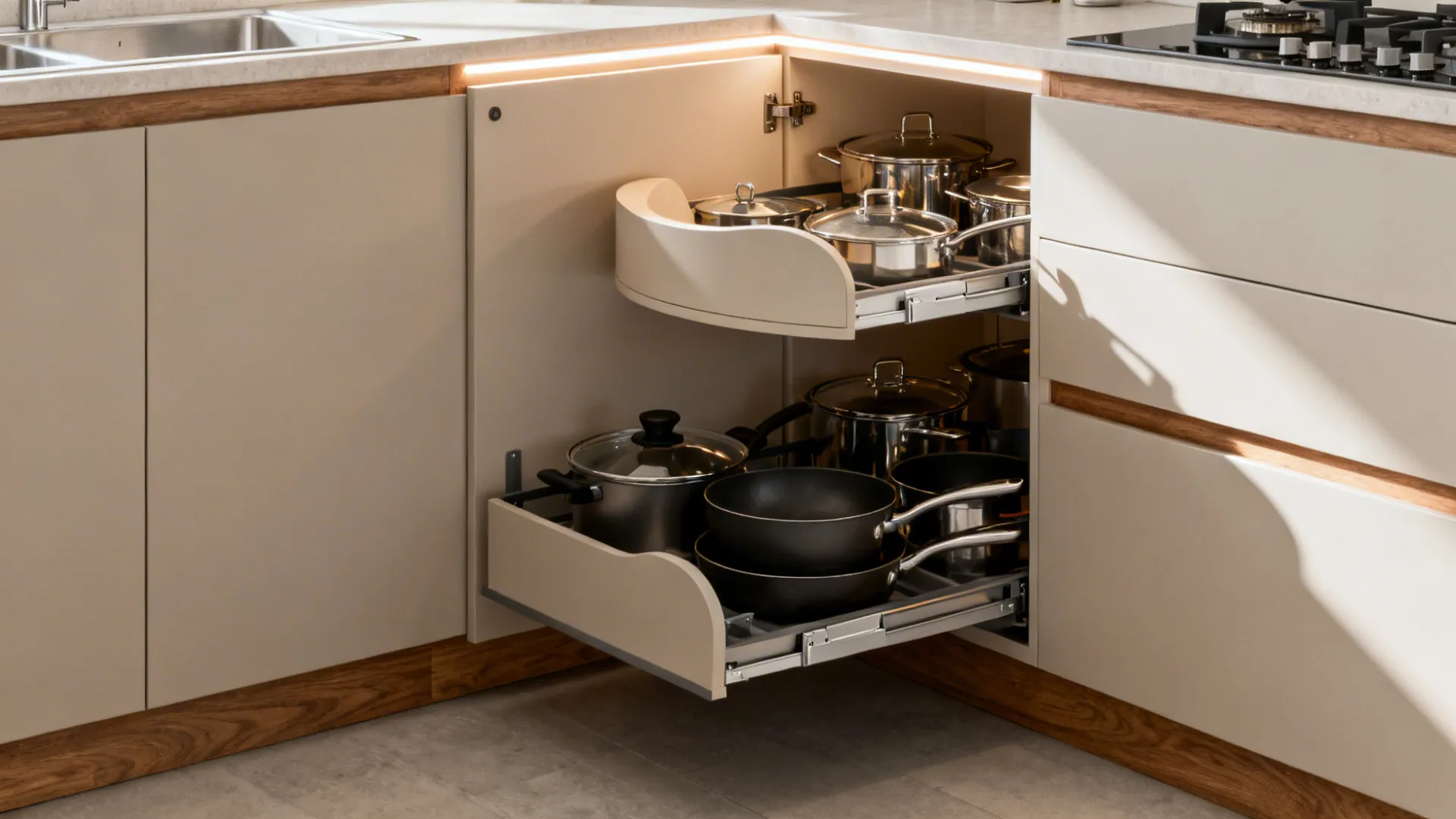 Corner cabinet with kidney-shaped trays and blind-corner pull-outs illuminated by LEDs.