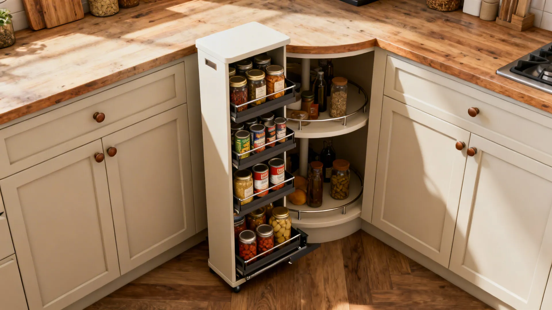 Kitchen corner with vertical pull-out pantry tower and rotating lazy Susan maximizing storage